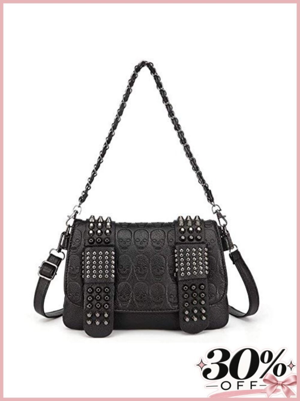 Women's Punk Skull Top-Handle Satchel Bag PU Leather Gothic Chain Tote Black